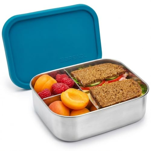 BREADL Edelstahl Brotdose, Feste Trennwand und 3 Fächer, Silikondeckel, Auslaufsicher, Spülmaschinengeeignet, Kleine 1000ml Lunchbox und Brotzeitbox aus Metall für Kinder und Erwachsene