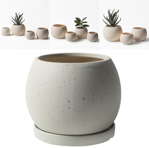 Boxonly Plant Pot Medium (18 cm), Decorative Ceramic Planter with Drainage Holes and Tray, Nordic Style Indoor & Outdoor Flower Pot for House Plants, Beige Planter (Small)
