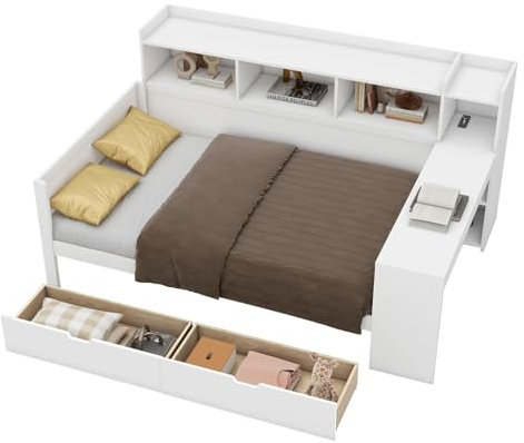 Billg Kinderbett 90 x 200cm, Einzelbett Bettgestell mit Lattenrost, USB-Port und Schreibtisch, 2 Schubladen, Regale und Staufächern Stauraum, Jugendbett für Junge und Mädchen, Ohne Matratze