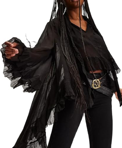 Women Sheer Ruffle Flowy Blouse Chiffon Shawl Cape Top Black