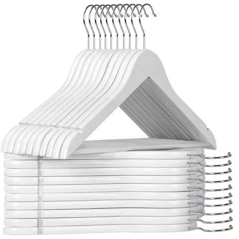 Pack 20 Perchas para Ropa de Madera Natural con Muescas Antideslizantes y Gancho Giratorio | Perchas Resistentes para Camisas, Chaquetas, Trajes y Abrigos (Blanco)