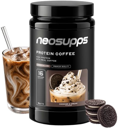NEOSUPPS Protein Coffee Cookies & Cream 500g, Eiweißkaffee mit 20g Molkenprotein & 80mg Koffein pro Portion, Low Sugar Protein Drink mit echtem Kaffee & Cookie-Stückchen