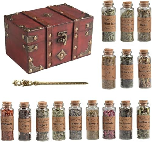 Set de hierbas secas en caja de madera vintage Botellas de vidrio con etiquetas y varilla metálica – Para rituales, altar, decoración espiritual, meditación, regalo esotérico (Set de 15 Hierbas Secas)