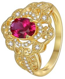 Mesnt Damen Goldring 585 Echtgold, Breiter Luxus-Damenring aus 9 Karat/14 Karat/18 Karat Gelbgold mit im Labor hergestelltem Rubin und ausgehöhltem Moissanit, Größe 47 (15.0)