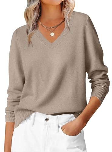 Hotouch Pull à col en V pour femme - Manches longues - Pull basique - Léger et ample - Automne - Hiver - Chaud - Tailles S à XXL, marron, L