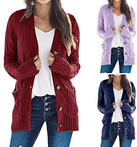 Cardigan Mujer Elegante Jersey Punto Mujer Largos Cómodo Entretiempo Chaqueta De Punto Larga Abierto Manga Larga Chaqueta Suéteres Tallas Grandes Cárdigan con Bolsillos(Vino,4XL)