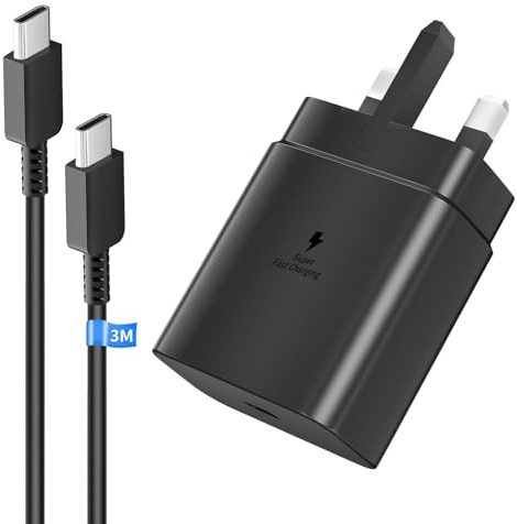 Samsung 45W Chargeur USB C,Secteur Charge Rapide Type C pour Samsung Galaxy S25/S24/S23/S22/S21/S20/Ultra/Note 20/S10/S9,A54,A53,Z Fold/Z Flip/Tab,Prise Secteur USBC Adapteur Mural avec 3M Câble,Noir