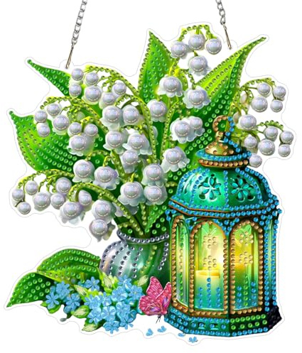AIRDEA DIY Lily of the Valley Diamond Art Ornament Kit for Adults, Double-Sided Glass Lantern Diamond Painting Hanging Kit, DIY Acrylic Special Shaped Drills Hanging Suncatcher