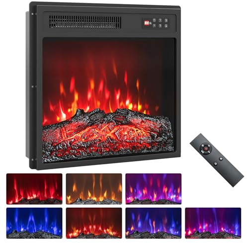 RELAX4LIFE 18 Elektrokamin mit heizung, Elektrischer Kamineinsatz mit LED-Ambientelicht & 3D-Flammeneffekt, Einbaukamin mit Fernbedienung, 1500 W, 7 Flammenfarben, 5 Helligkeitseinstellung, 8H-Timer