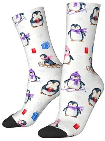 Raunew Novelty Socks For Men Women, Casual Dress Socks Funny Gifts, Winter Penguin Sled Watercolor Snowflake Design