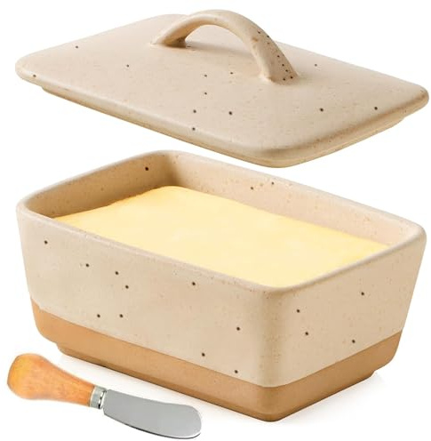 Butterglocke Keramik - Butterdose mit Deckel Henkel und Buttermesser, Butterbox Porzellan Vintage, Teller-Organizer mit Griff, Butter Porzellan, klassische Butterglocke für Alle Gängigen Butter (Weiß)
