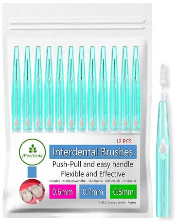 Cepillos interdentales MoriVeda - juego de 12 (0,8 mm) I cepillos interdentales para una higiene bucal limpia I función push-pull - desarrollado con laboratorios dentales. 0,8 mm