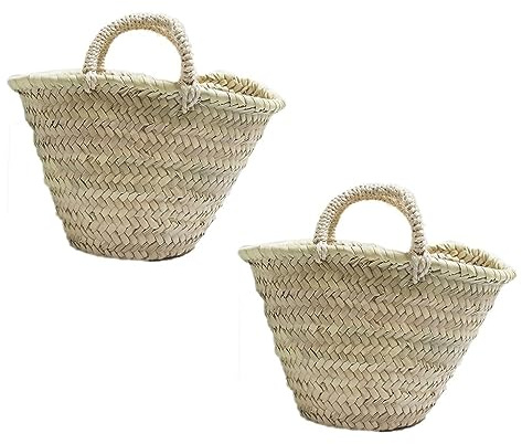 Set de 2 Capazos de Palma Infantil, con asa corta de pita. Cesto o Bolso de mimbre de fibras naturales. Birdikus. Aprox. 23x20x17 cm