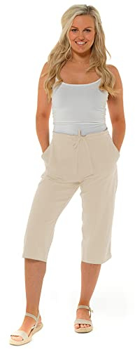 Style It Up Womens Ladies Linen 3/4 Trousers Pants Summer Casual Holiday Beach Chino Cargo (Beige, UK 20)