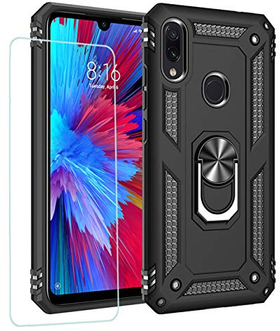 Joytag Cover per Redmi Note 7 Custodia + Vetro temperato Silicone TPU 360 Grado Anello Girevole Magnetico Supporto Cassa del Telefono dell'auto Case-Nero