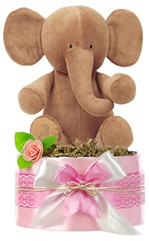 Windeltorte Mädchen LITTLE PEANUT + großes Kuscheltier Elefant mit Name | Geschenk für Mädchen zur Geburt Babyparty Babyshower (rosa) (unbedruckt)
