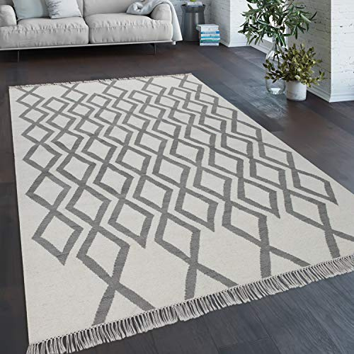 Paco Home Alfombra Salón Estilo Bohemio Flecos Tejida A Mano Mezcla Lana Algodón Gris, tamaño:80x150 cm