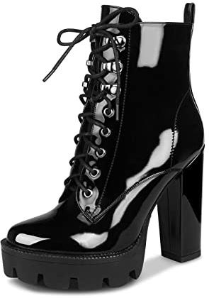 wetkiss Black Platform Combat Boots - Women's Ankle Booties with High Heel, Lace Up, Glossy Patent Leather