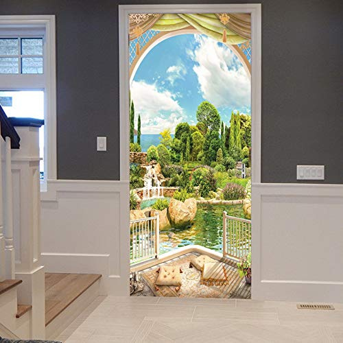 A.Monamour Türtapete Selbstklebend Türfolie Türposter 3D Balkon Garten Blick Blumen Bäume Skulptur Palast Natur Landschaft Vinyl Folie Türdeko Tapete Wandbild Türaufkleber Türtattoo 83 x 204 cm