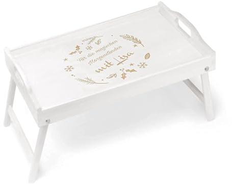 Maverton Frühstückstablett mit Gravur - personalisiert - Betttisch mit Griffen - klappbare Beine - erhöhter Rand - Weiß - zu Weihnachten - Stechpalme