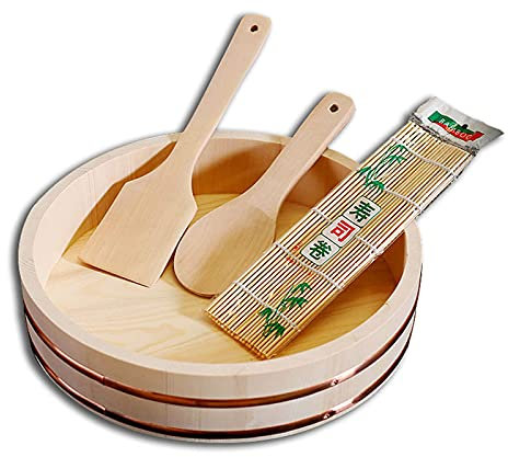 AIZYR Wooden Sushi Rice Bowl Hangiri Sushi Oke Rice Mixing Tub with Bamboo Sushi Mats and Bamboo Rice Paddle for Restaurant Home Kitchen,72 * 16cm