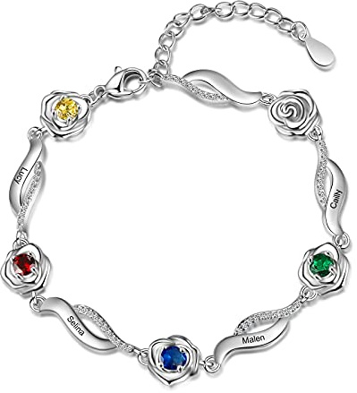 ALBERTBAND Personalisiertes Rosen Blumen Armband mit 1-6 Namen und Simulierten Geburtssteinen Silberne verstellbare Charms Armbänder für Frauen Frau Mädchen Valentinstag Weihnachten