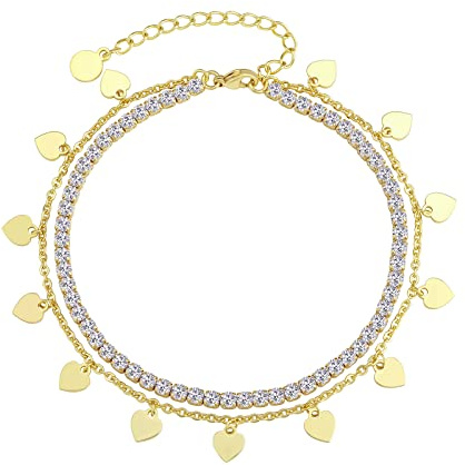 KRKC&CO 4mm Tennis Fußkettchen Damen Herz Plättchen, 14K Gold beschichtet Tennis Fußkette, Länge verstellbar Iced Out Fußband mehrreihige Kette Knöchel Armband, Geschenk für Mädchen Frauen