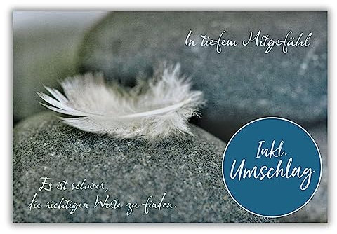 bsb Trauerkarte zur Beerdigung - liebevolle Beileidskarten mit Umschlag - Trauerkarte hochwertig mit Feder-Motiv - Herzliches Beileid Karte Trauer - Kondolenzkarte in 11,5 x 17,0 cm