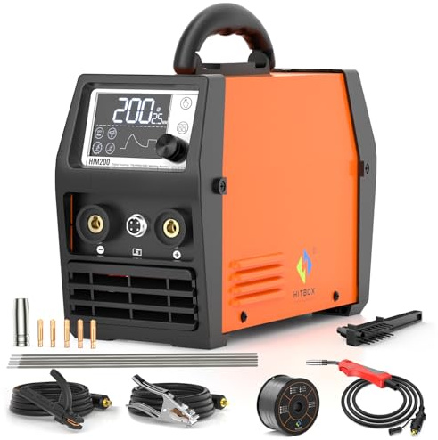 HITBOX 140A MIG Welder 110V/220V, Flux Core Welder/Stick ARC/Lift Tig/Spool Gun 4 in 1 Gasless Mig Welding Machine with LCD Display Synergy Dual Voltage IGBT Inverter Welder (HIM200)