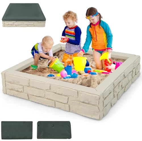 HONEY JOY Sandbox with Cover, 47 x 47 Inch Square Sand Pit for Backyard, Bottom Drainage Oxford Liner, HDPE Playful All Weather Resistant Sand Boxes for Kids Outdoor with Lid (White)