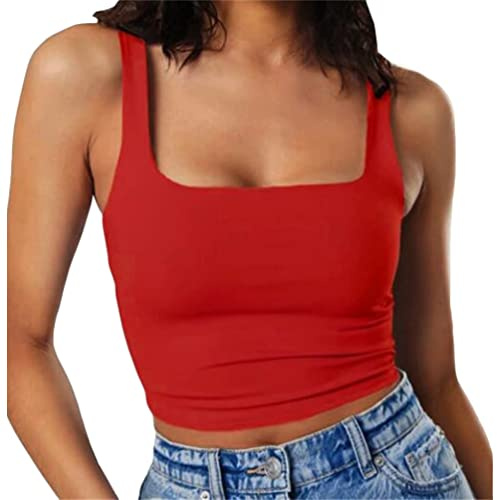Tomwell Femme Débardeur Crop Top Sexy Crop Tank Tops Col Carré Camisole Top Crop sans Manches Haut Court Tank Top Blouse pour Femme Fille Été Yoga Fitness Sport Haut A Rouge XS