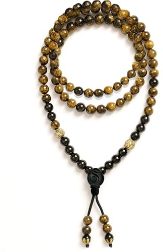 Samsara Collana Tibetana in Occhio di Tigre e Onice - Mala Tibetano con 108 Grani - Rosario Tibetano Religioso