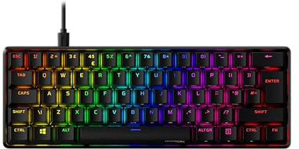 HyperX Alloy Origins 60, Tastiera Meccanica da Gaming Cablata, Illuminazione RGB, Telaio in Alluminio, 80 Milioni di Pressioni Garantite, Cavo USB-C, 3 Dispositivi Collegabili, Layout Inglese, Nera
