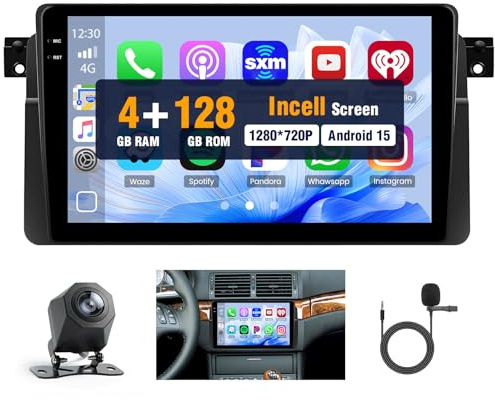 Hikity 4+128G Android Autoradio mit Bildschirm für BMW E46 1999-2005 Wireless Carplay, Autoradio mit Navi 9 Zoll Incell Bildschirm Android Auto/FM/RDS/SWC/Rückfahrkam