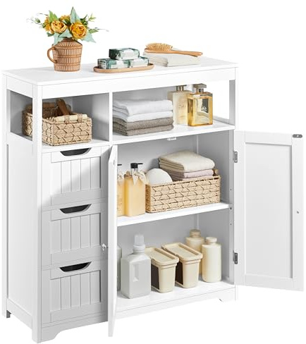 Yaheetech Bathroom Floor Cabinet, Wooden Storage Organizer with 3 Drawers and 2 Open Shelves, Freestanding Storage Cabinet with a Large Bottom Cabinet for Bathroom, Living Room, Kitchen, White
