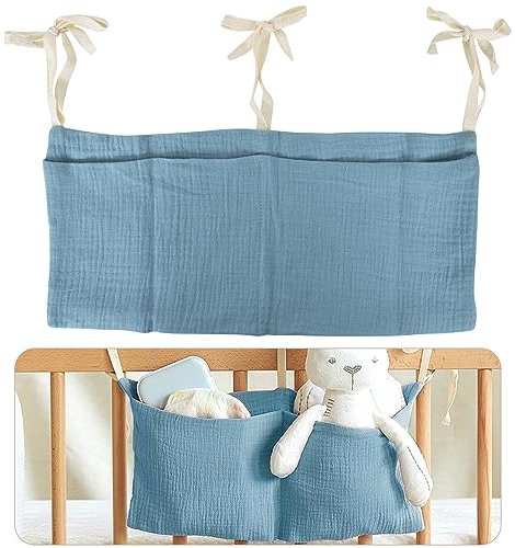 Babybett Organizer, Kinderzimmer Hängender Bett Organizer mit 2 Taschen, Organizer Beistellbett Baby, Betttasche Spielzeugtasche, Aufbewahrungstaschen für Betten, für Windeln Kleidung Spielzeug (Blau)