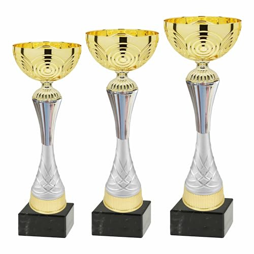 Generico Tris Coppe Premiazioni | 3 Trofei Dorati 29‑32-33 cm in ABS argento con Targhetta Personalizzata – Coppe Sportive, Scuola, Eventi