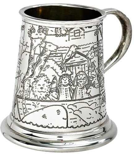 I LUV LTD Zinn Krug Viertel Pint Schmucklos Körpertasse mit Tiermotiv der Arche Noah auf Allen Seiten zur Babytaufe Lieferung im Karton