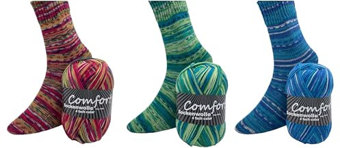 H&W Vertrieb Sockenwolle Comfort - Multicolored Wolle zum Stricken warmer Socken - 3x100gr Sets zur Wahl - Wolle aus Italien - 420m Lauflänge pro 100g