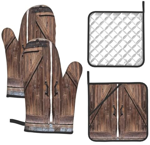 Ofenhandschuhe und Topflappen, 4-teiliges Set, hitzebeständiger Ofenhandschuh, Holz-Scheunentür in Stein, Bauernhaus, Vintage-Küchen-Ofenhandschuhe mit Umhängeband, rutschfester Ofenhandschuh zum