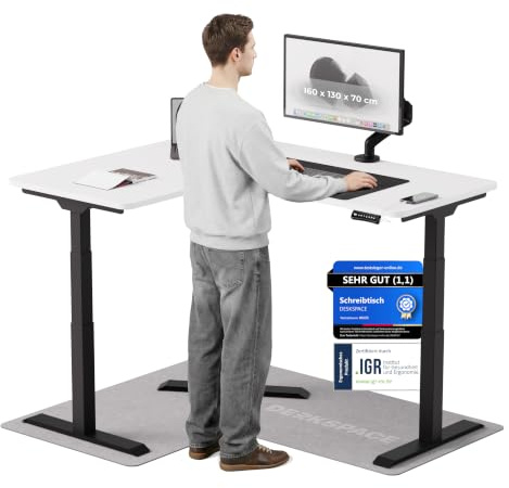 DESKSPACE Corner Eckschreibtisch höhenverstellbar (elektrisch) | Kollisionsschutz und Memory-Funktion, 10 Jahre Gewährleistung (Schwarzes Gestell, Weiße Tischplatte, 160 x 130 x 70 cm)