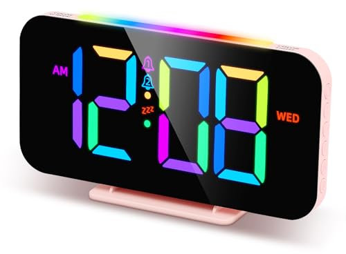 Derkiewn Sveglia Digitale da Comodino, Sveglia RGB con Luce Notturna, Luminosita Regolabile, Volume regolabile, Doppia Sveglia, Snooze, Sveglia Alimentazione Elettrica (Rosa)