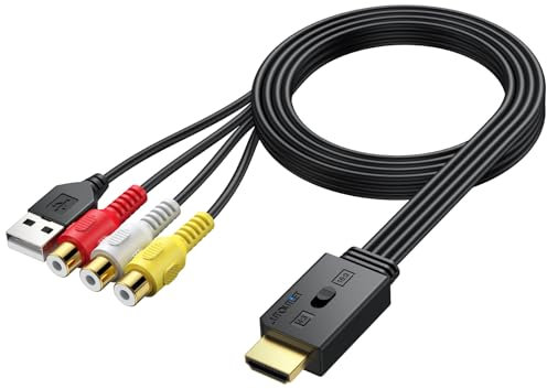 AUTOUTLET Adattatore AV a HDMI Supporto Conversione 16:9/4:3,PAL/NTSC,Convertitore AV a HDMI 1080P con Cavo Femmina da 60 cm per Wii,PS1,PS2,N64,Xbox