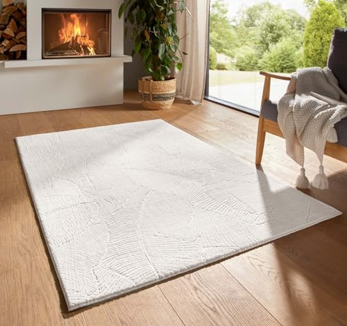 Taracarpet Kurzflor Boho Skandi Polyester Teppich in 3D Optik waschbar, pflegeleicht und robust ideal fürs Wohnzimmer, Schlafzimmer und Kinderzimmer auch als Badematte Creme Blätter 060x120 cm