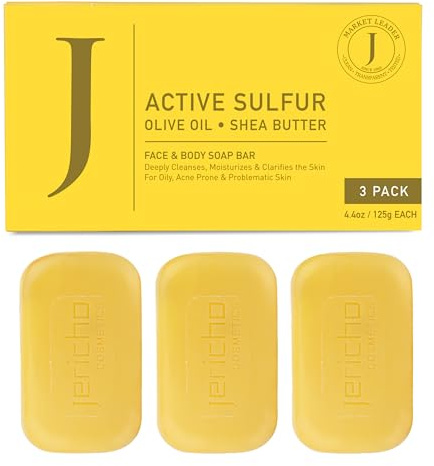 Jericho Dead Sea Sulfur Soap with Olive Oil – Helps with Acne, Psoriasis, Eczema & Blackheads – For Oily to Normal Skin – Vegan Face & Body Bar for Men & Women, 4.4 Oz / 125 g (Pack of 3)