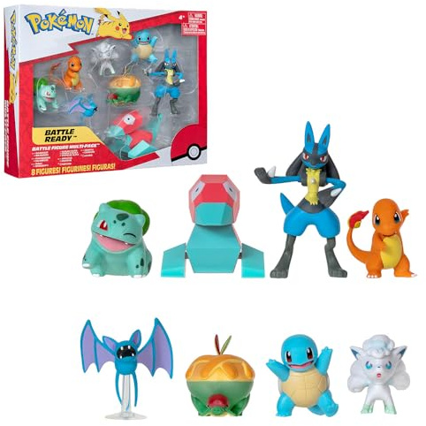 Bandai – Pokémon – Pack de 8 Figuras Pokémon de 5 a 8 cm – Estuche Bulbizarre Salamèche Carapuce Nosferapti Goupix de Aloe Dratatin Porygon Lucario – Juguete Infantil 4 años y + – Battle figurillas –