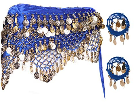 Bauchtanz Rock, Fasching Bauchtanz Kostüm Gürtel mit Goldmünzen, Schwarzer Schal Frauentanz Kostüm Foulard Bauchtanz Kleid für Frauen Mädchen Zumba Yoga-320blue