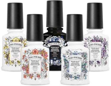 Pourri Bright & Balmy WC-Duft - Das Fresh Flush Set - 5 Mini Bad-Lufterfrischer - als WC-Duftspray oder Bad-Raumspray - fängt schlechte Gerüche vor der Ausbreitung ein - 5 x 59 ml