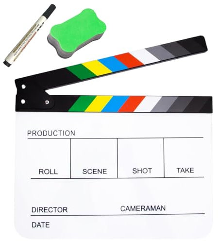 BOLLUMA Acrylic Plastic Director's Film Clapboard, Easy Wipe Cut Action Scene Clapper Board Slate with Pen and Blackboard Eraser for Movies, Videos, TV Shows, Studio Live, Party, White