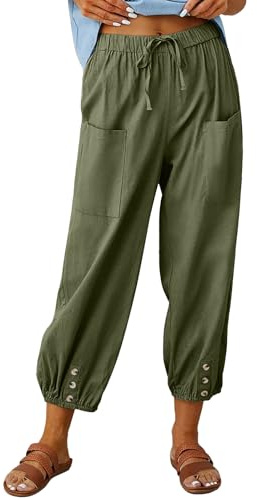 CrystErzoix Pantaloni Donna Estivi Leggeri Cotone Pantaloni a 7/8 Gamba Larga Casual Pantaloni Cropped Harem Pants Elastici in Vita per Spiaggia Vacanze